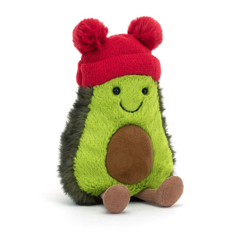 peluche jellycat avocat qui sourit avec un bonnet rouge de face