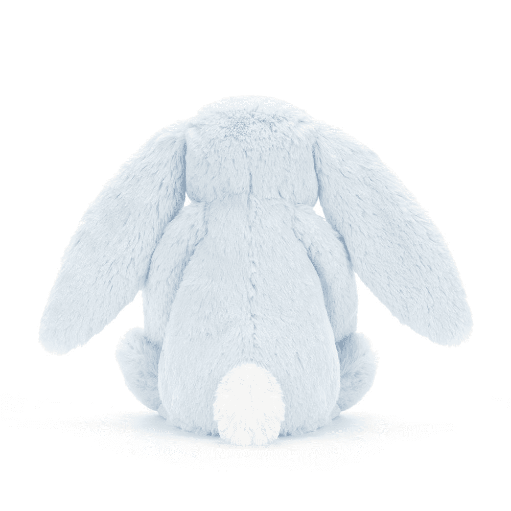 Peluche lapin bleu de dos sur fond blanc 