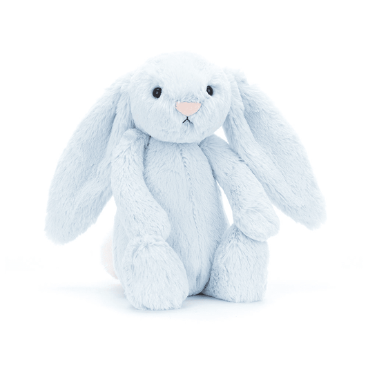 Peluche lapin bleu de face sur fond blanc 