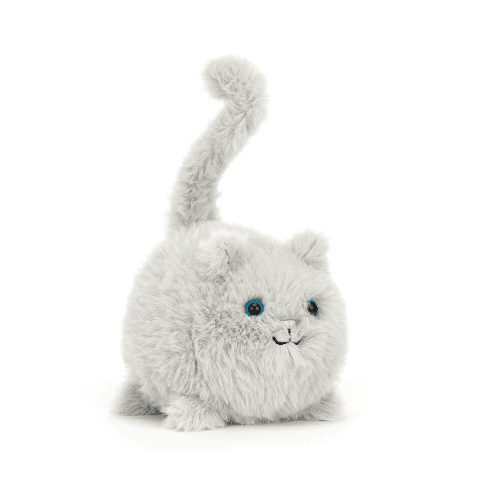 peluche chaton gris de face sur fond blanc