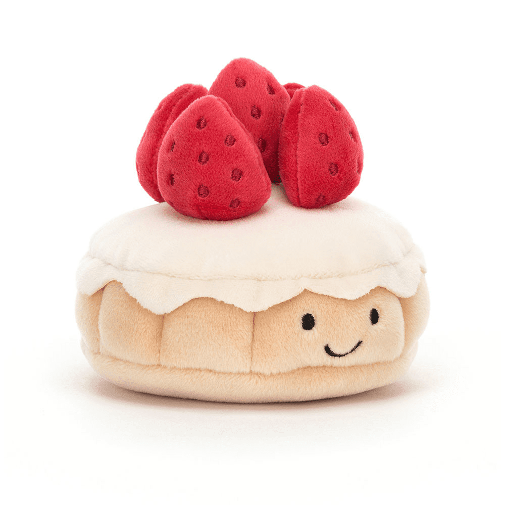 peluche en forme de tarte aux fraises de face sur fond blanc 