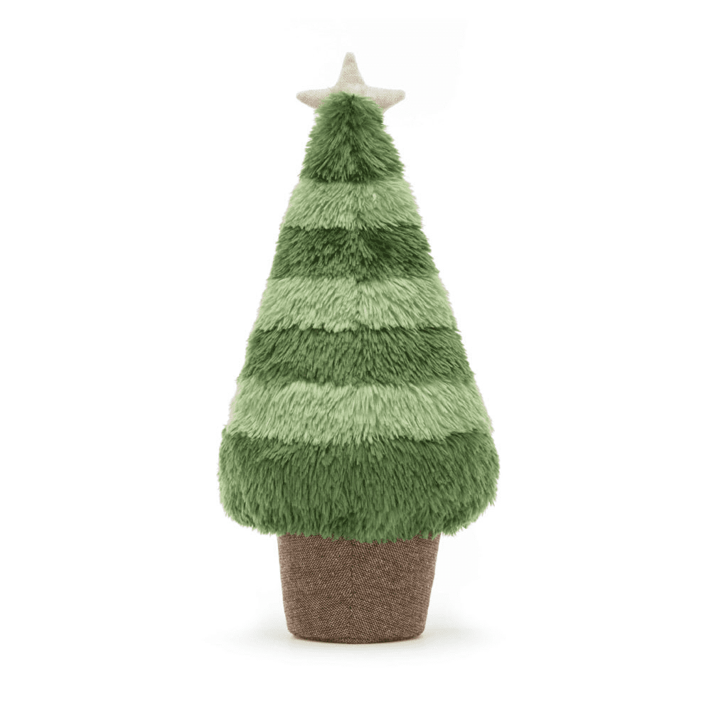 Peluche arbre de noël avec une étoile sur le dessus de dos sur fond blanc 