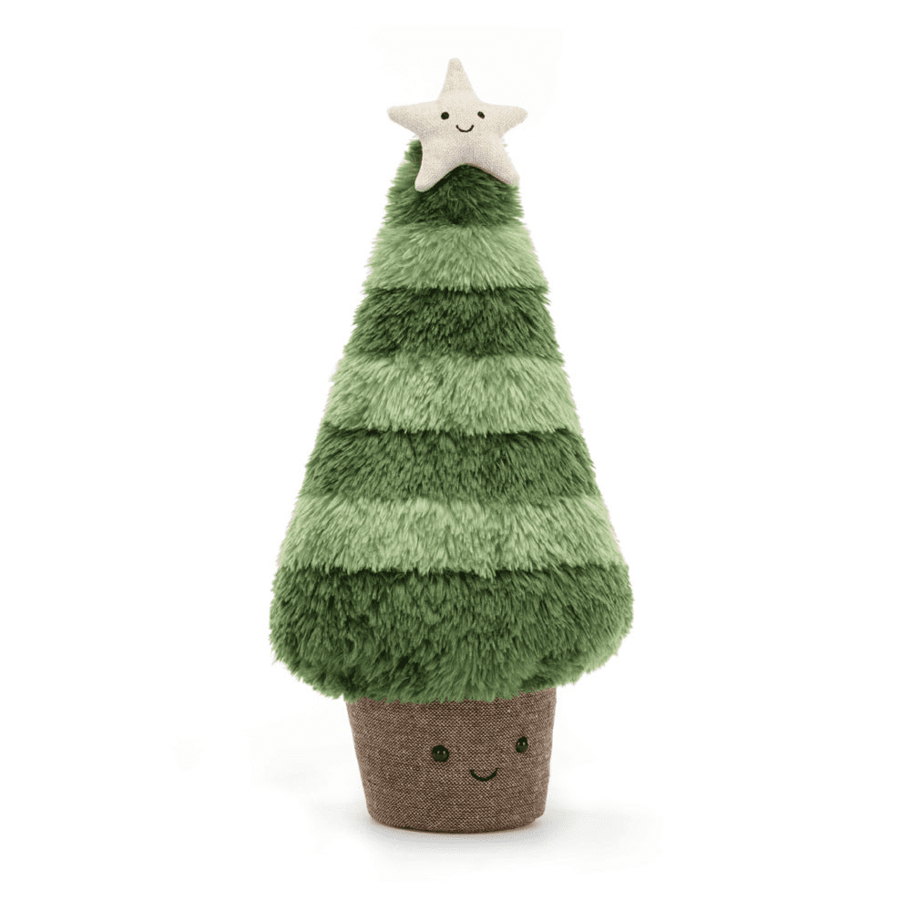 Peluche arbre de noël avec une étoile sur le dessus de face sur fond blanc 