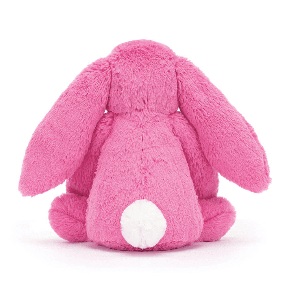 peluche lapin rose de dos sur fond blanc