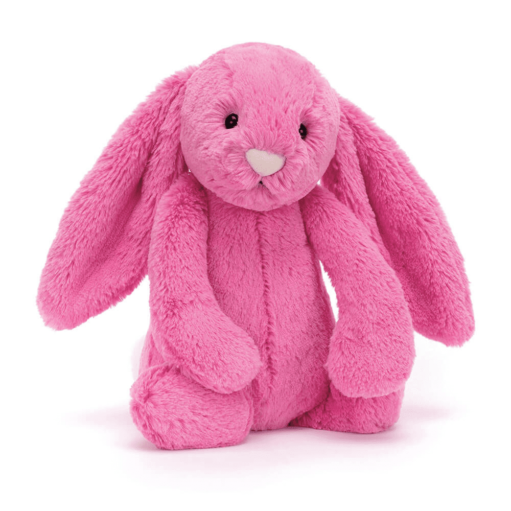 peluche lapin rose de face sur fond blanc