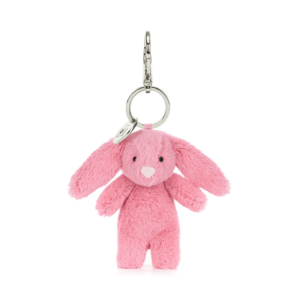 Porte clé lapin rose en peluche de face sur fond blanc