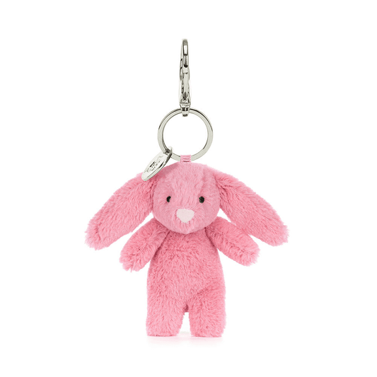 Porte clé lapin rose en peluche de face sur fond blanc