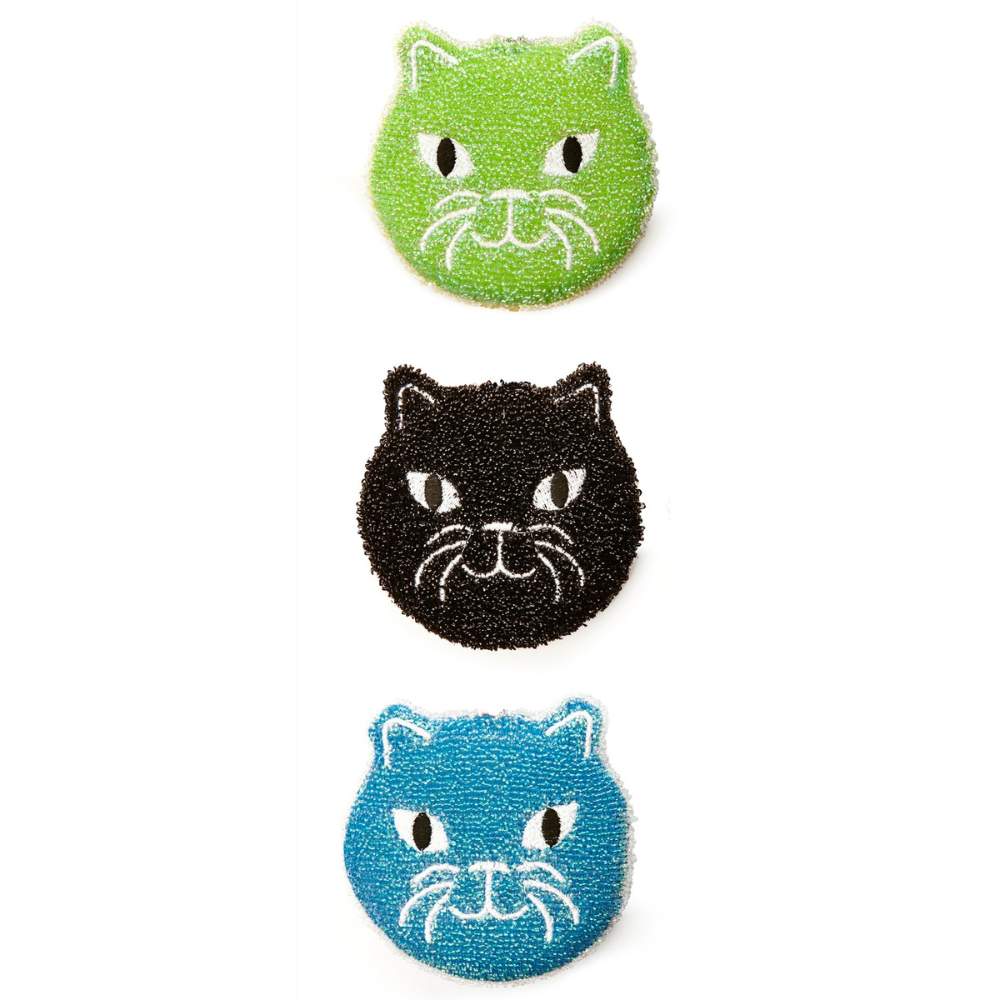 trois éponges chat couleur vert noir et bleu sur fond blanc