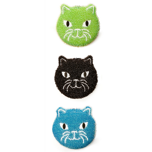 trois éponges chat couleur vert noir et bleu sur fond blanc