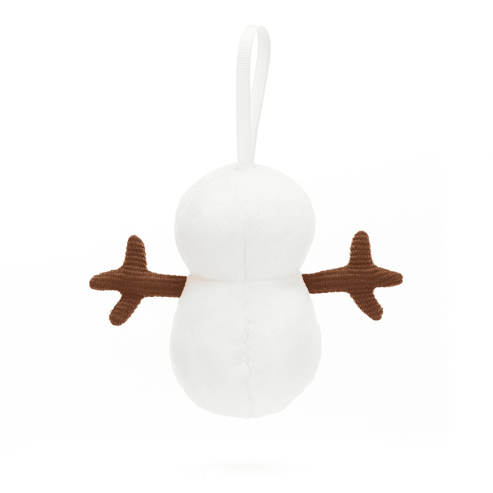 Peluche suspendue bonhomme de neige de dos sur fond blanc