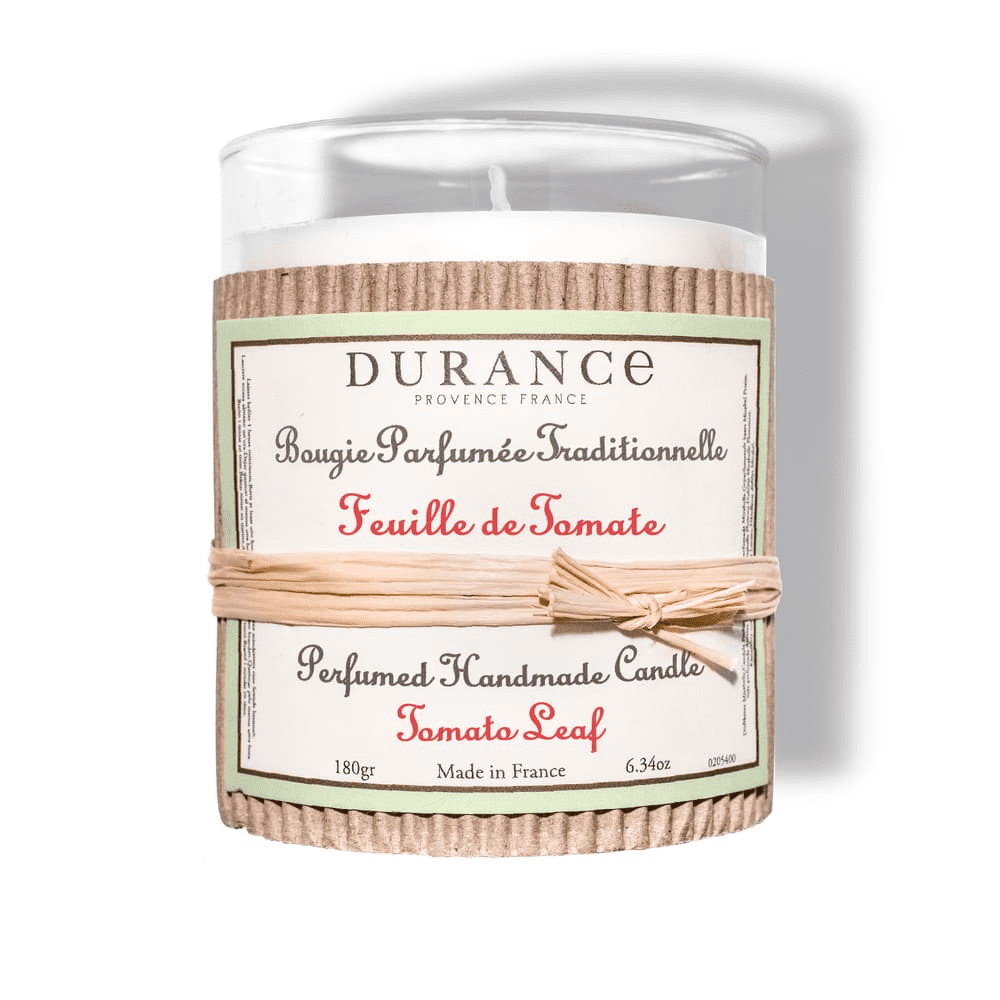 bougie durance parfum feuille de tomate sur fond blanc