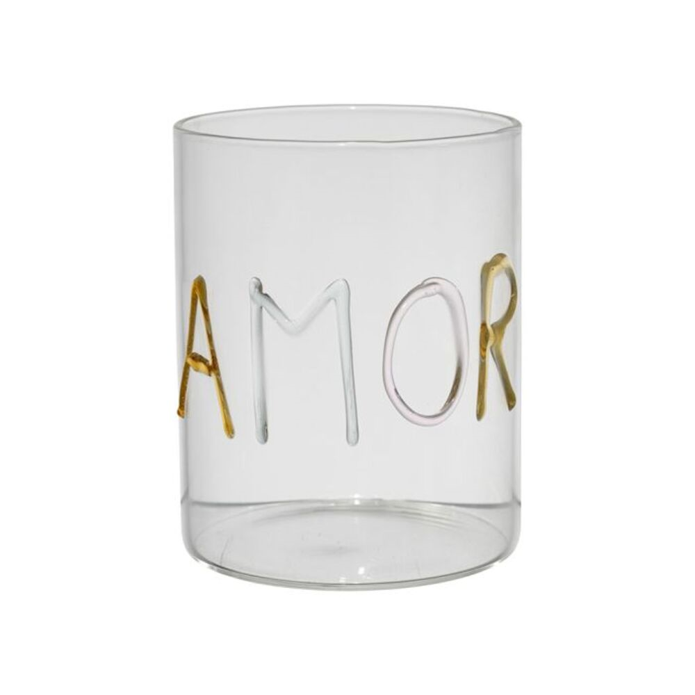 Gobelet "AMOR " bleu jaune & rose sur fond blanc