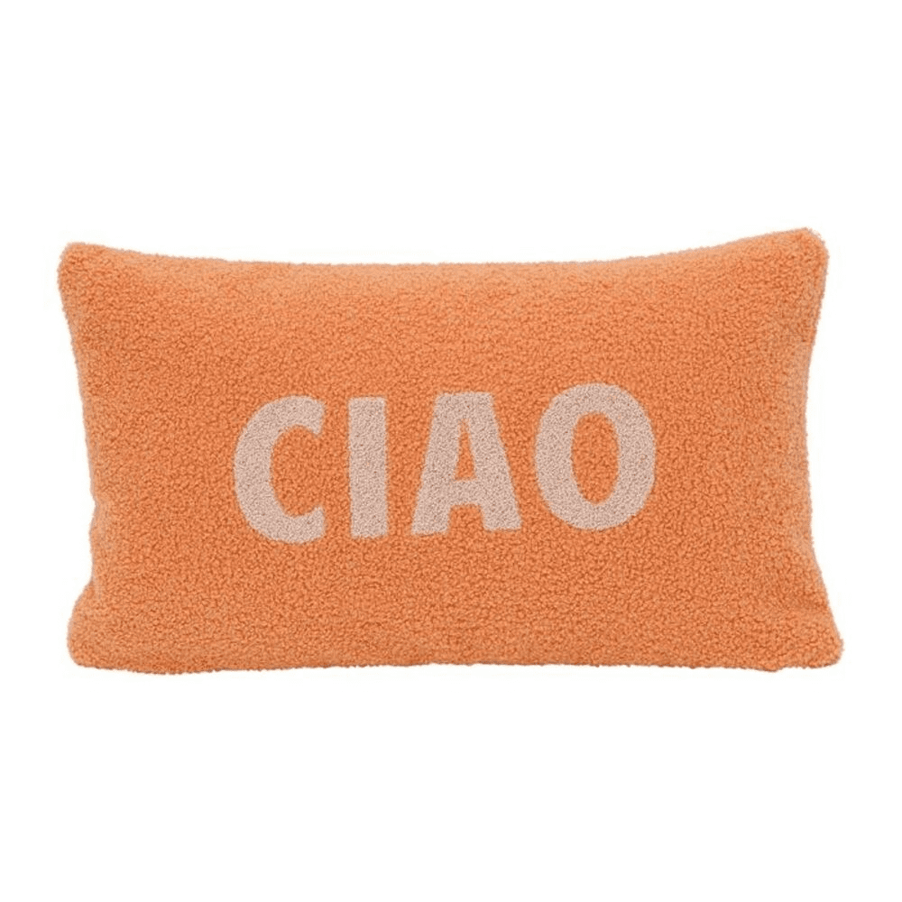 Coussin funky terre polyster avec écriture "CIAO"sur fond blanc