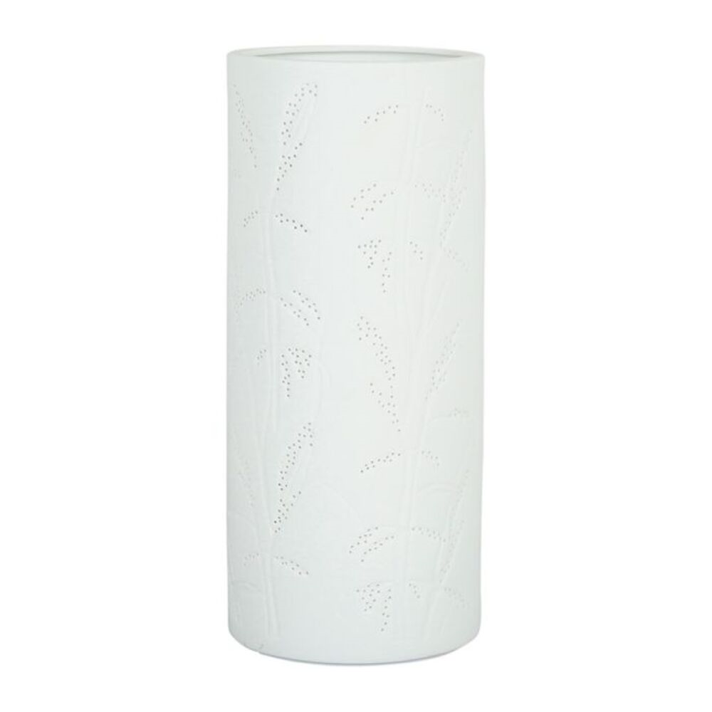 lampe cylindrique blanche avec motifs sur fond blanc