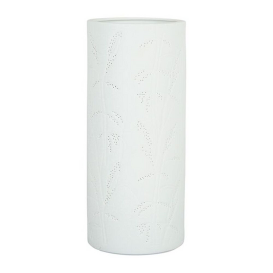 lampe cylindrique blanche avec motifs sur fond blanc