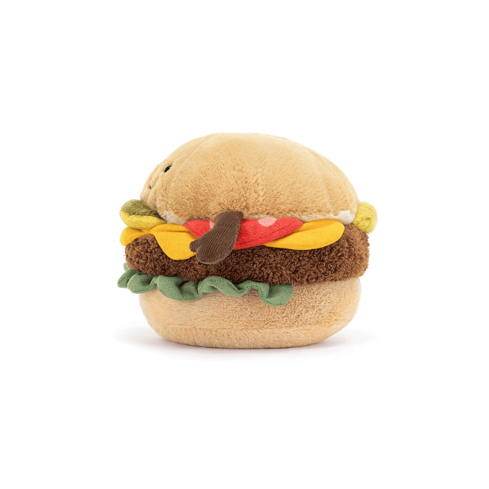 Peluche en forme de burger sur un fond blanc