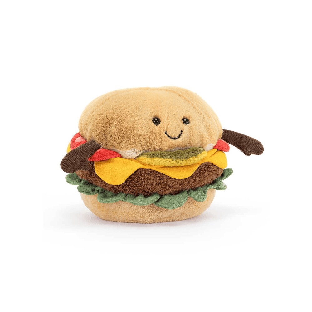 Peluche en forme de burger sur un fond blanc