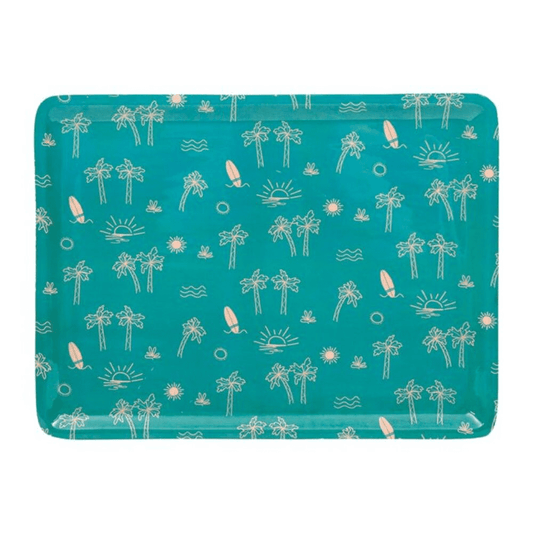 plateau turquoise avec des motifs sur fond blanc