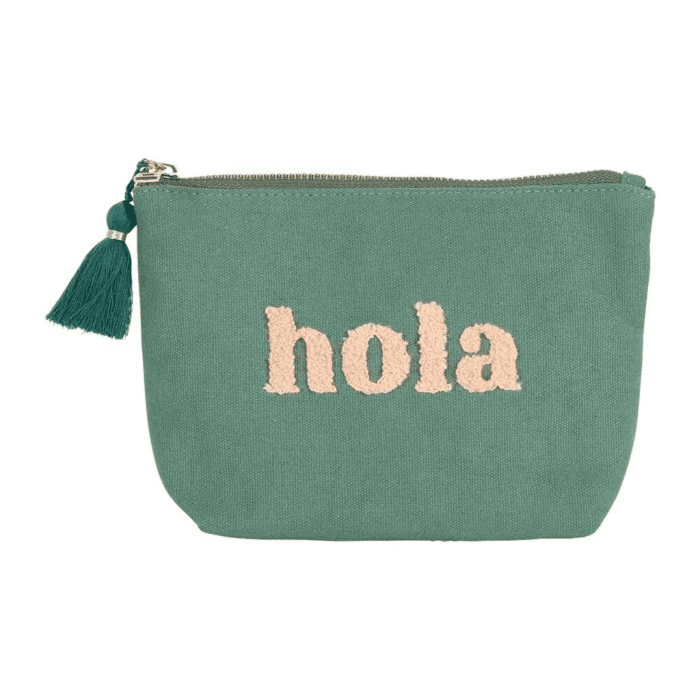 pochette émeraude avec écrit hola en rose sur fond blanc