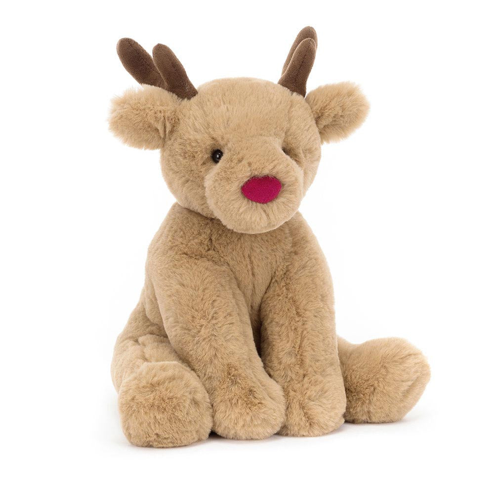 peluche renne avec un nez rouge assis de face de la marque jellycat