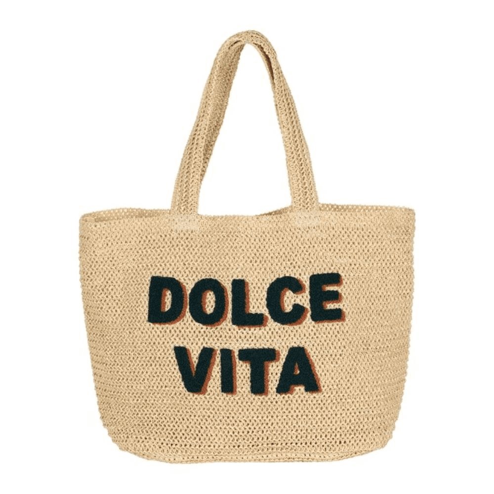 sac brodé avec écrit DOLCE VITA dessus sur fond blanc