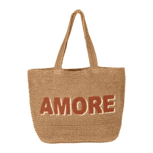 sac brodé avec écrit AMORE sur fond blanc