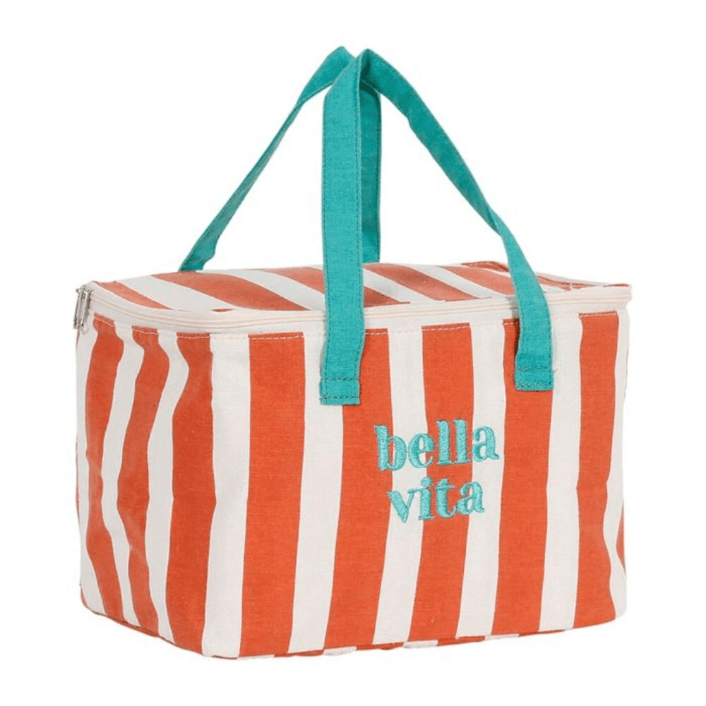 sac isotherme corail et émeraude avec écriture bella vita sur fond blanc