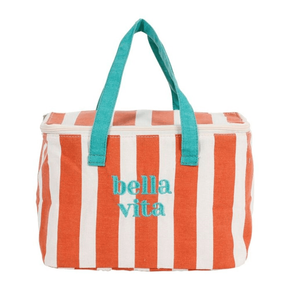 sac isotherme corail et émeraude avec écriture bella vita sur fond blanc