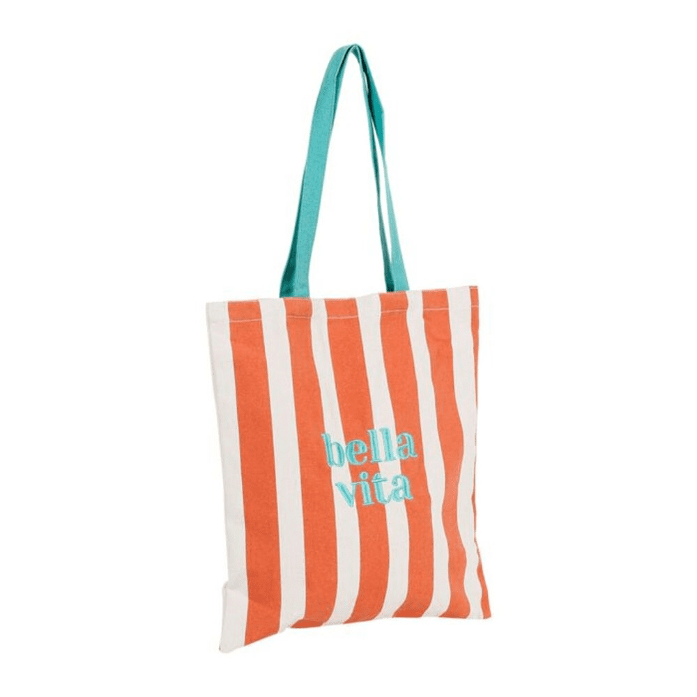 tote bag rayé avec écrit " bella vita " sur fond blanc