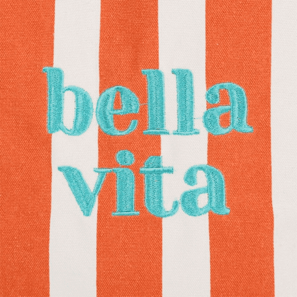 tote bag rayé avec écrit " bella vita " sur fond blanc