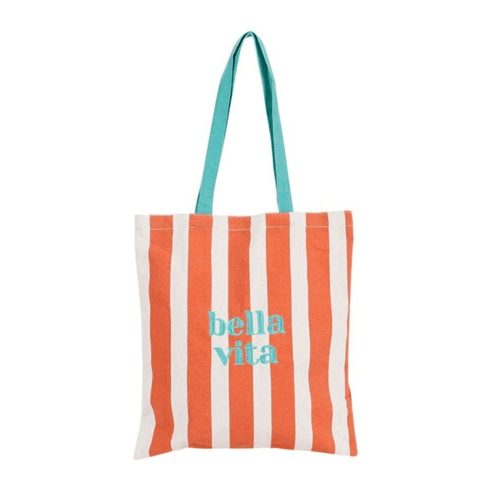 tote bag rayé avec écrit " bella vita " sur fond blanc