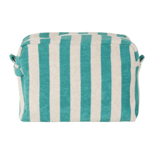 trousse de toilette rayée émeraude / blanc sur fond blanc 